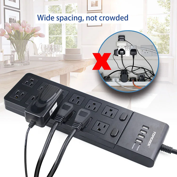 Умный USB-удлинитель TOPEREK, 12 розеток переменного тока с защитой от заземления