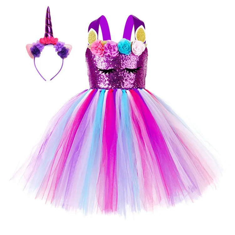 Unicorn  Beautiful Princess Kids Costume Wear Layered Unicorn Horn Girls Party Tutu Dress