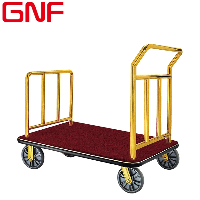 GNF Hotel stainless steel Luggage Trolley golden baggage hand trolley cart with red carpet made in china