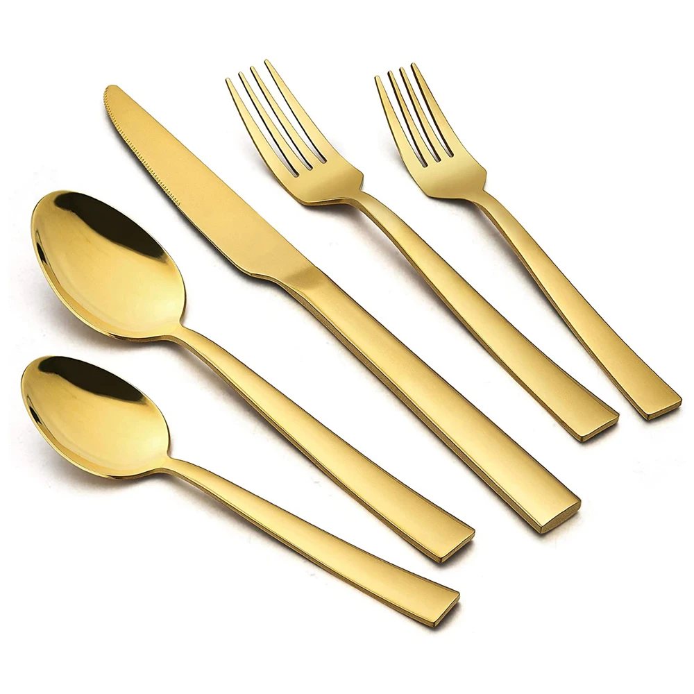 2021 Amazon hot sale bulk nordic stainless steel luxury wedding Square gold plated cutlery flatware silverware set