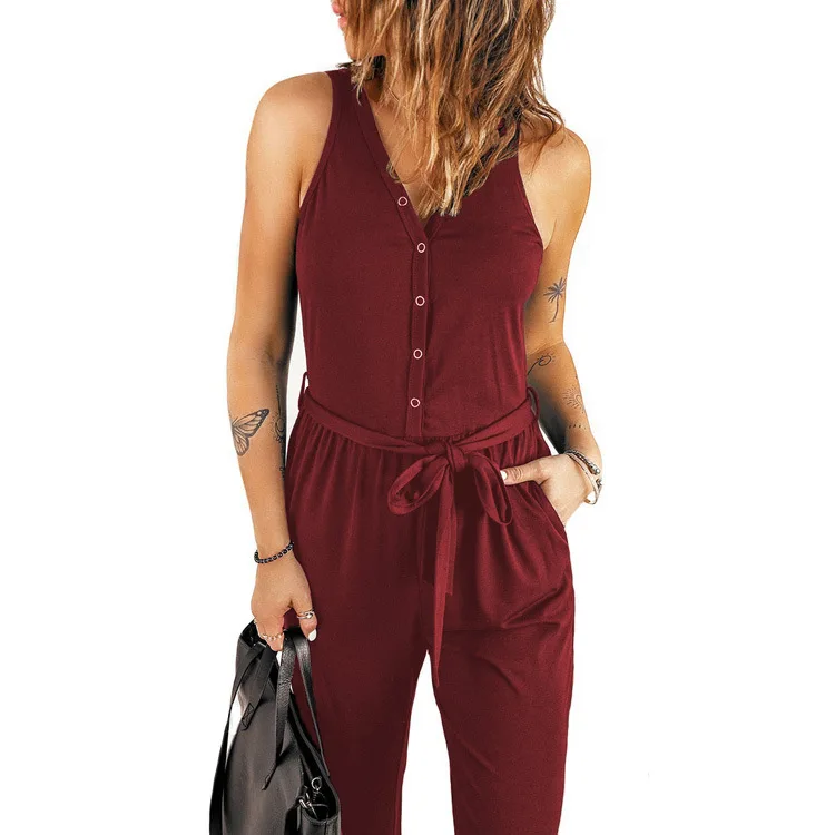 Custom Solid Color V-neck Casual Pencil Pants Sleeveless Women Fashionable Summer Rompers Jumpsuit