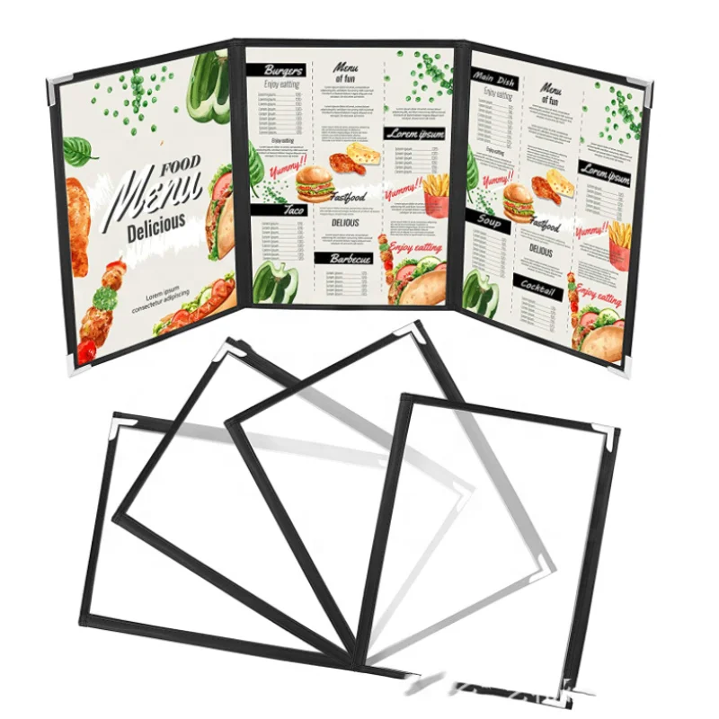 Fashion pvc menu folder restaurant menu holder 3 pages continuous menu cover