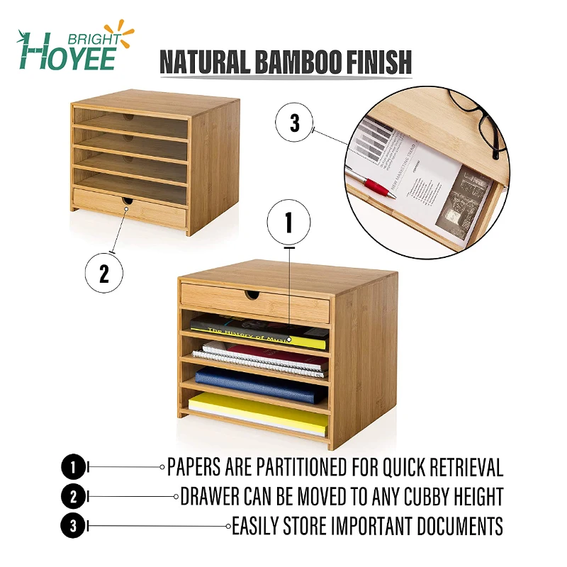 Wholesale Bamboo Four Cubby Paper Letter Tray Organizer with Drawer