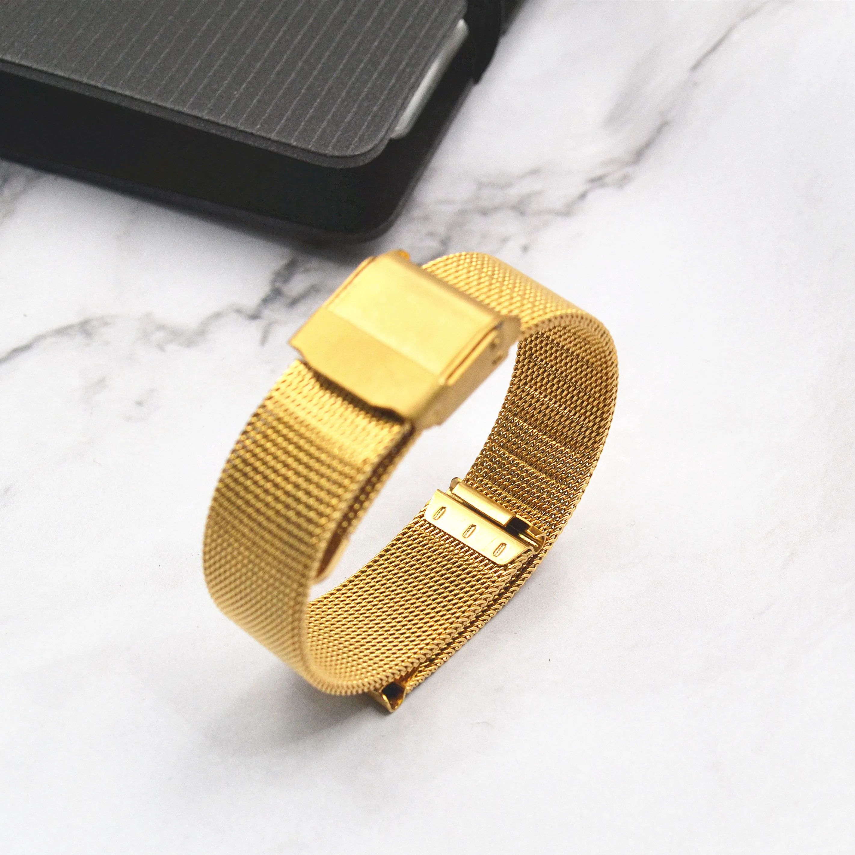 New  product 0.4mm wire black stainless steel mesh watch band with safty buckle for smart bracelet smart watch 14 - 22mm