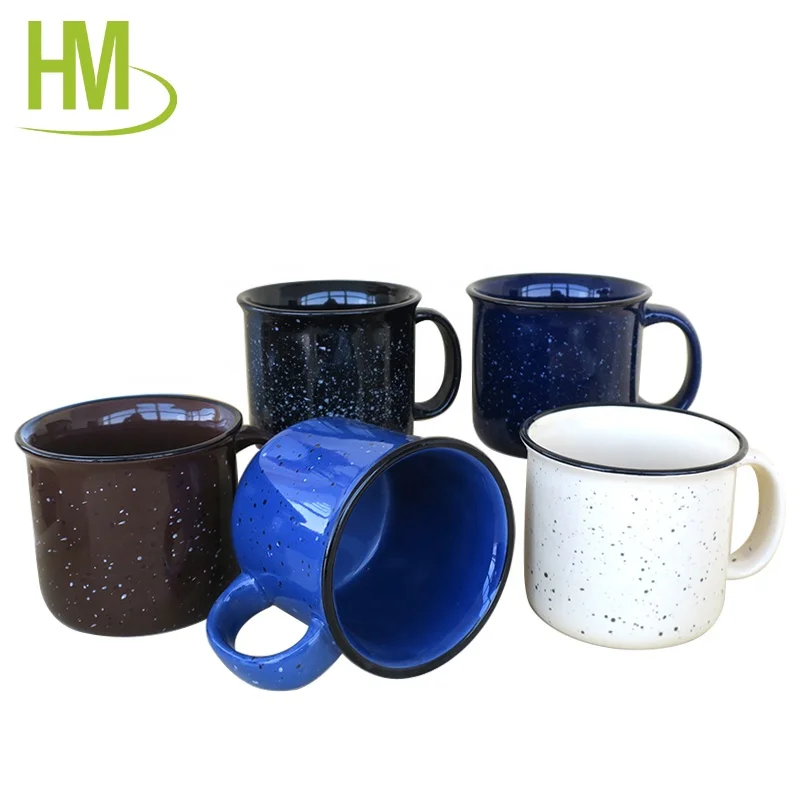 Custom print glazed color with black speckles enamel outdoor camping fire ceramic mugs