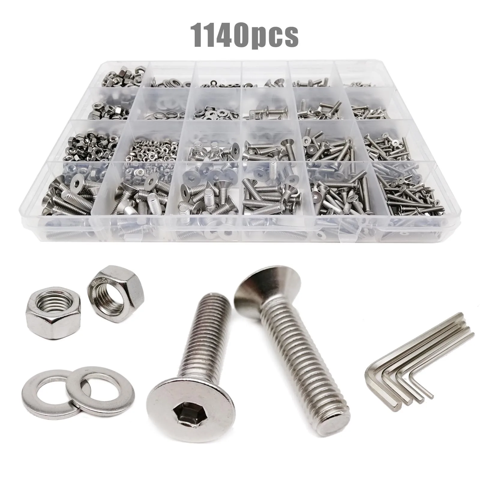 Total 1140pcs / box M2 M3 M4 M5 304 Stainless Steel Allen Hexagon Hex Socket Flat Countersunk Head Washer Screw Bolt Nut Set Kit