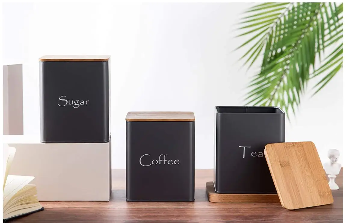 Kitchen Tea Coffee Sugar 3 Piece Square Storage Container Set Dark Grey Canisters Metal Tins with Bamboo Lids