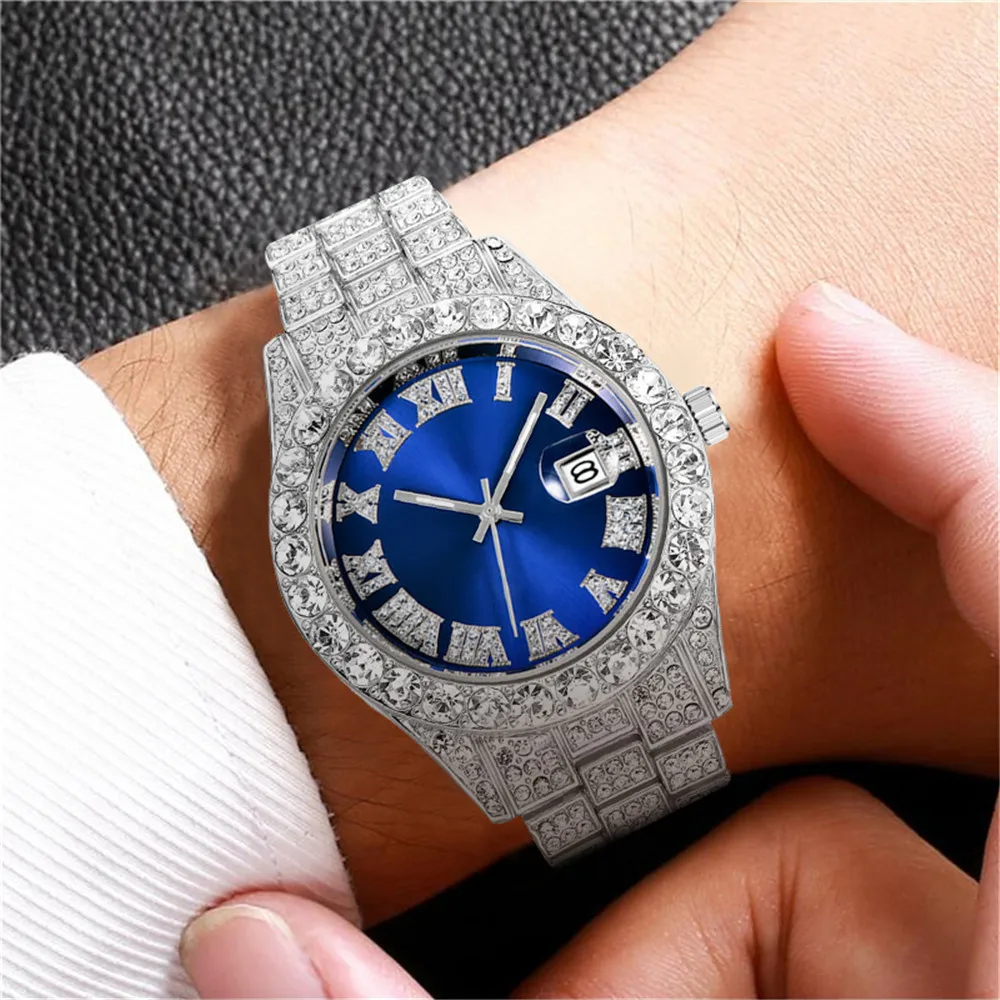New Hip Hop Roman Numeral Watch Full Diamond Gold Plated Wrist Men Crystal Luxury Quartz Watches