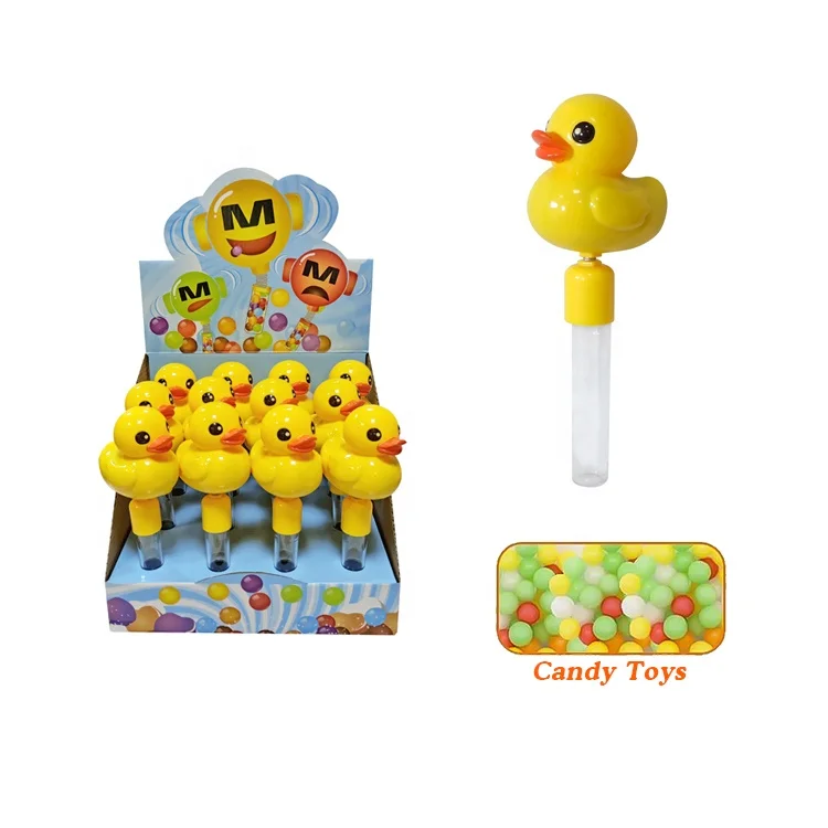 Plastic duck with sound high quality hot selling candy toys bottle sweet filed toys for promotion sale