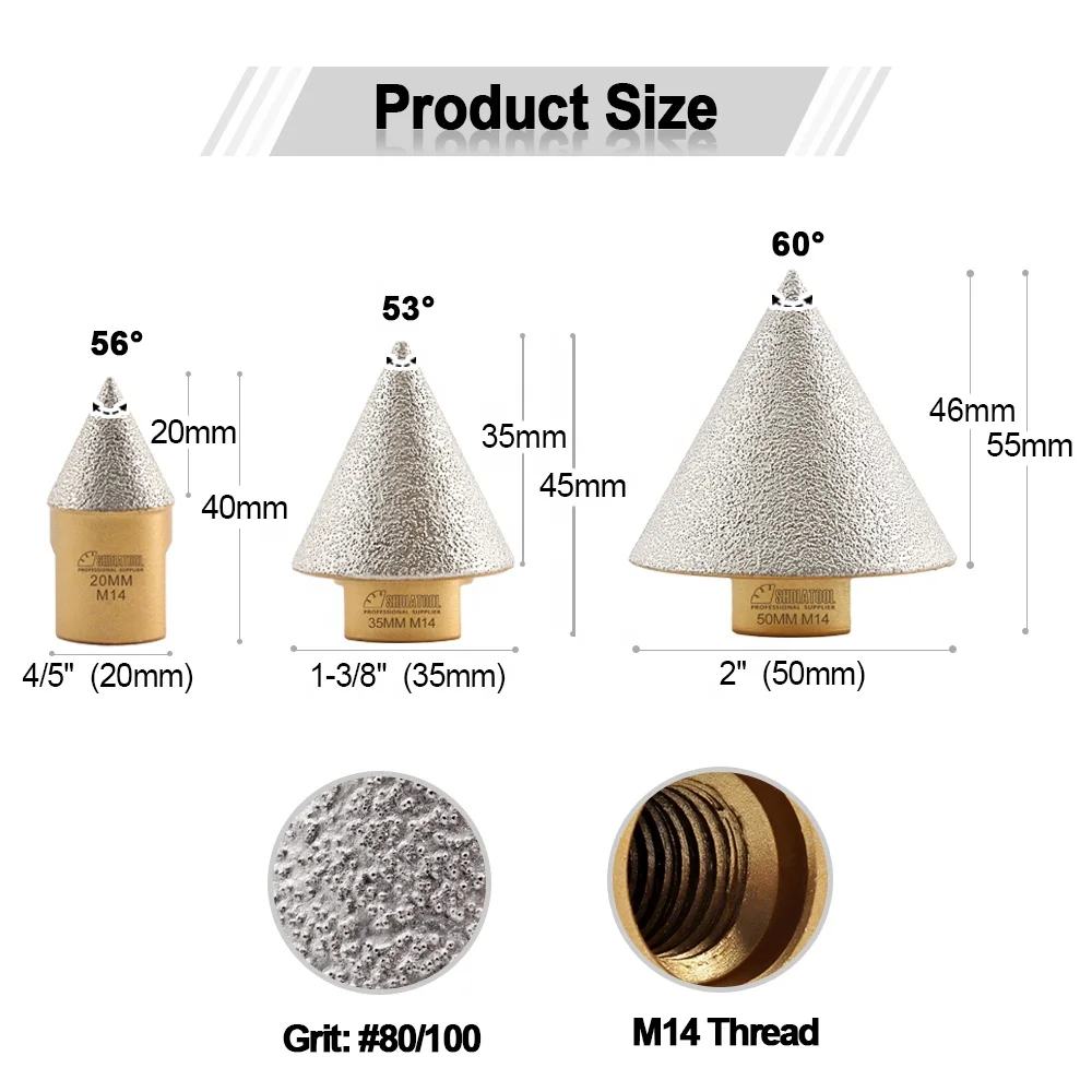 20/35/50mm Vacuum Brazed M14 Thread Diamond Chamfer Beveling Milling Finger Bits Diamond Cone Bit for Hole Trimming Enlarging