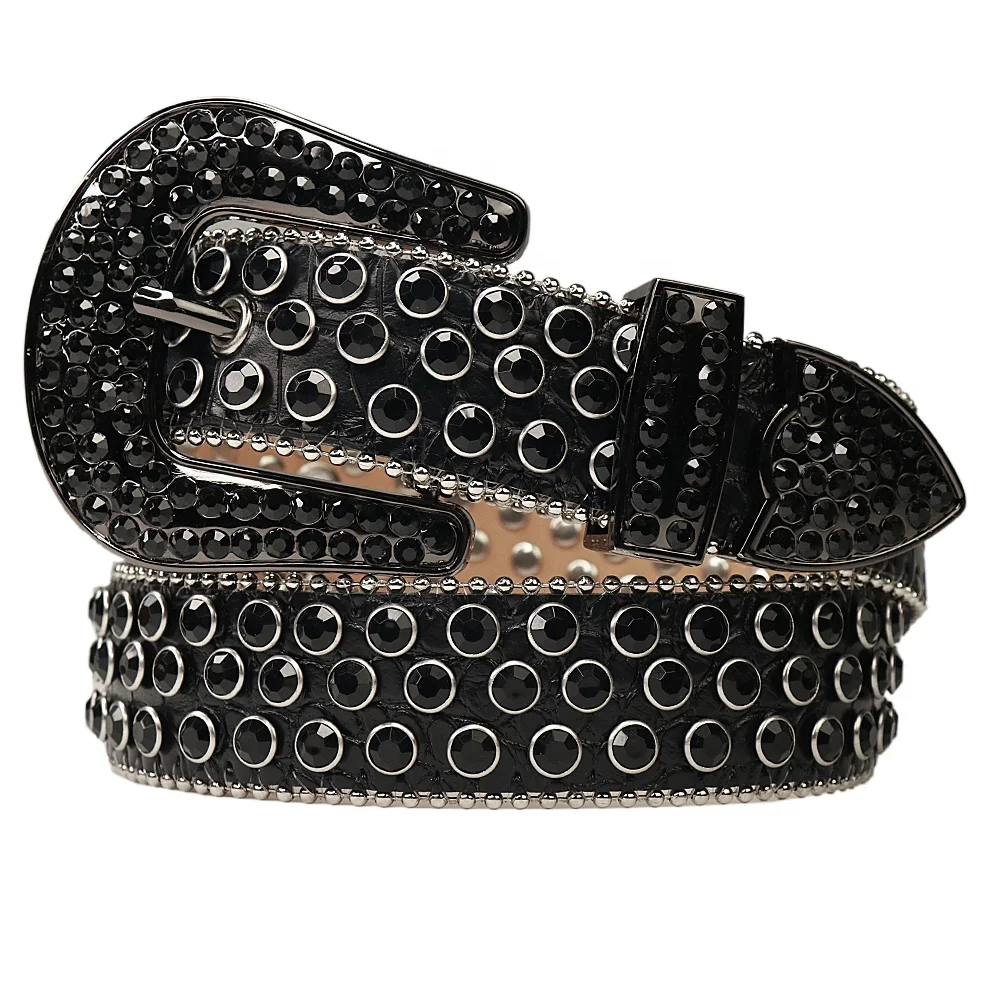 Fashion designer black genuine leather rhinestone western belt for men bling bling crystal studded diamond belt for jeans