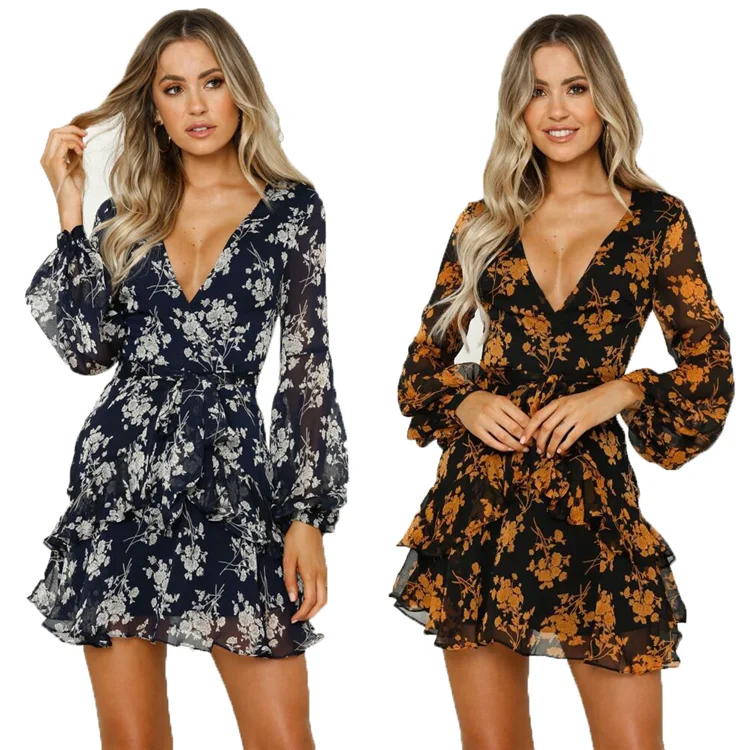 Long Sleeve Floral Mini Dress Lantern Sleeve Casual Ruffle Lace Up Summer Ladies Sexy V Neck Mini Party Dresss