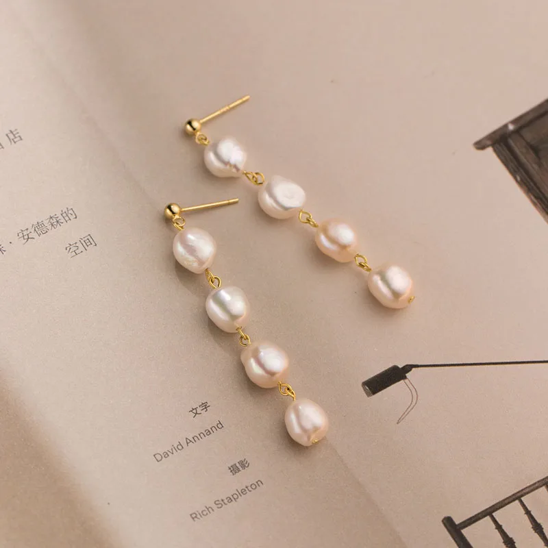 925 Sterling Silver 18K Gold Plated Handmade Baroque Freshwater Pearl Tassel Dangle Earrings For Girls