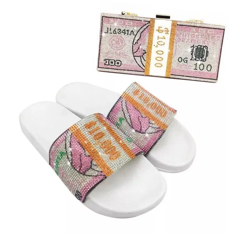 
2021 Luxury $100 Dollars bling evening bag and women slipper set clutch bag crystal party luxury money bag rhinestone purses 