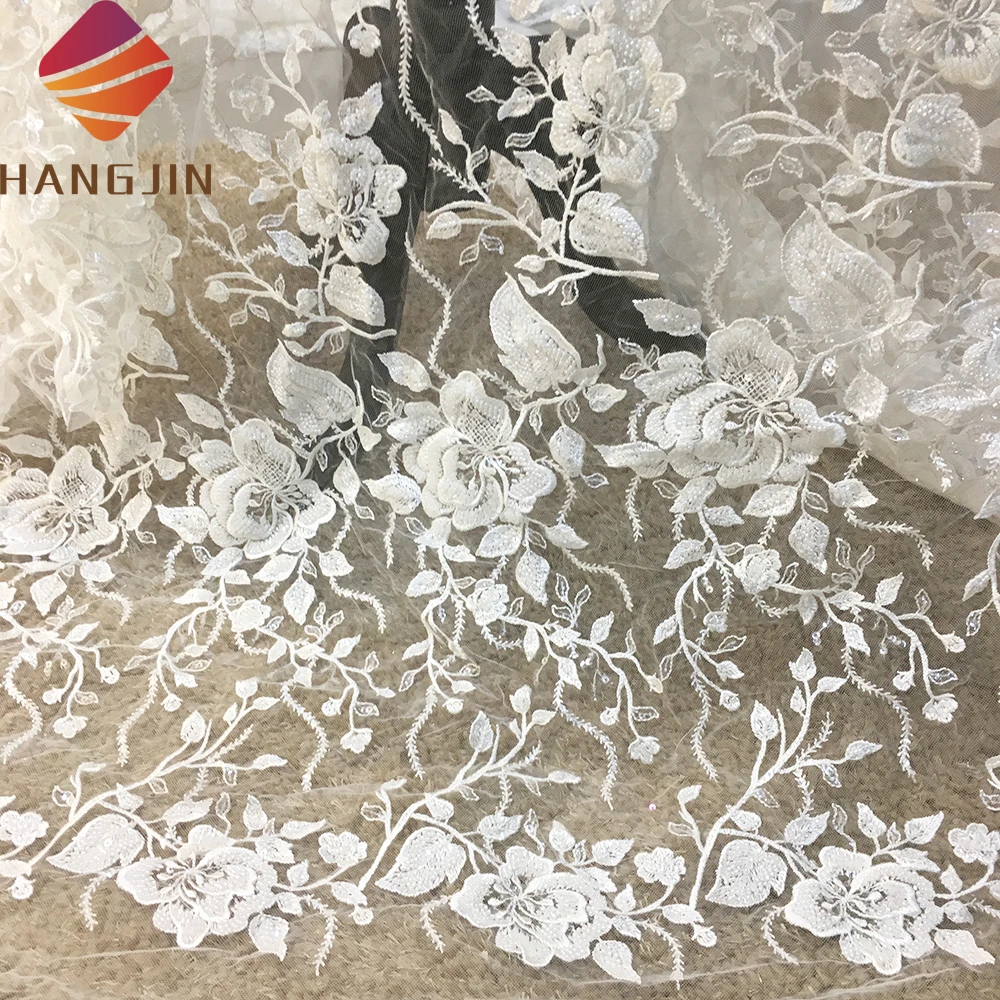 Ivory French White Embroidery Tulle Wedding Lace Fabric Fully Beaded Bridal Lace Fabric For Party Dress