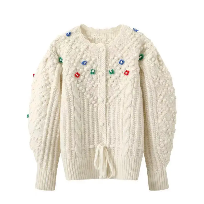 Trend Vintage Solid Graphic Pattern 3D Flower Long Sleeve Hand Knitted Embroidery Autumn Woman Clothes Cardigan Sweater Crochet
