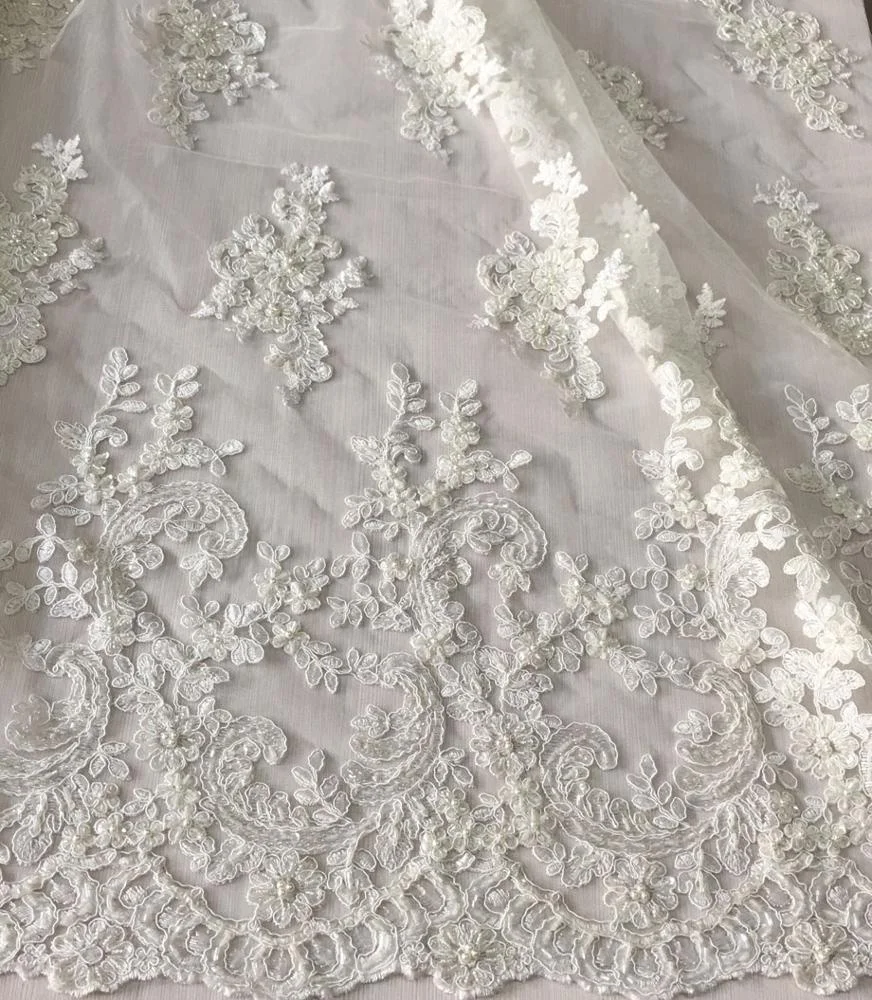 high quality bridal cord lace fabric hand beaded sequin embroidery lace fabric , fancy wedding dress fabric