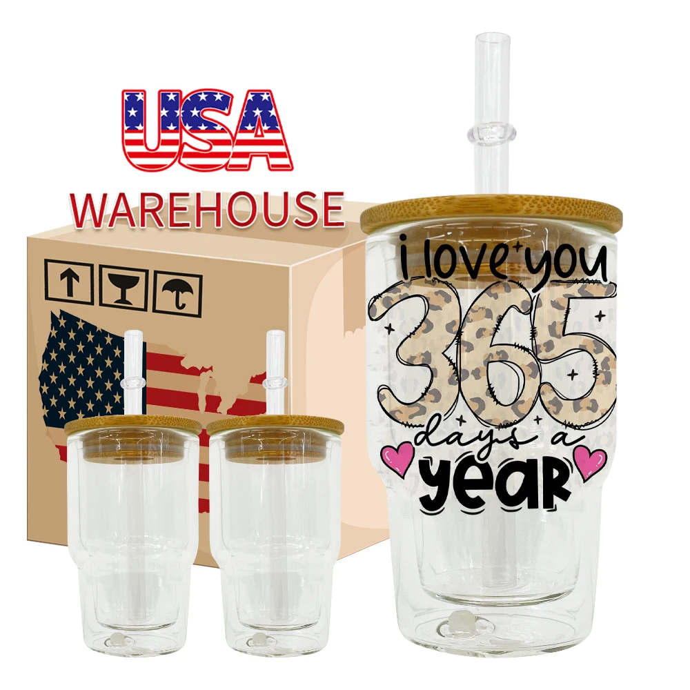 USA predrilled 3oz mini clear sublimation shot glass glitter DIY snow globe soda juice drinkware with bamboo lid for vinyl wraps