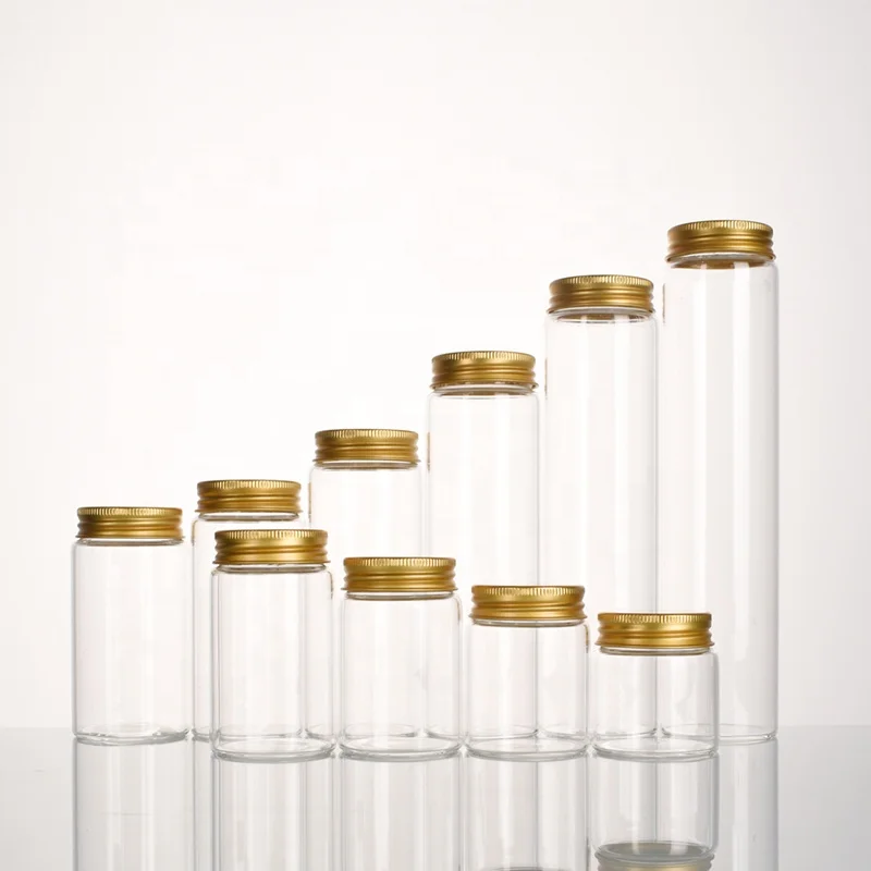 Ru Star Empty Round Clear 47mm Diameter Borosilicate Vitamin Supplement Container With Gold Aluminum Lid
