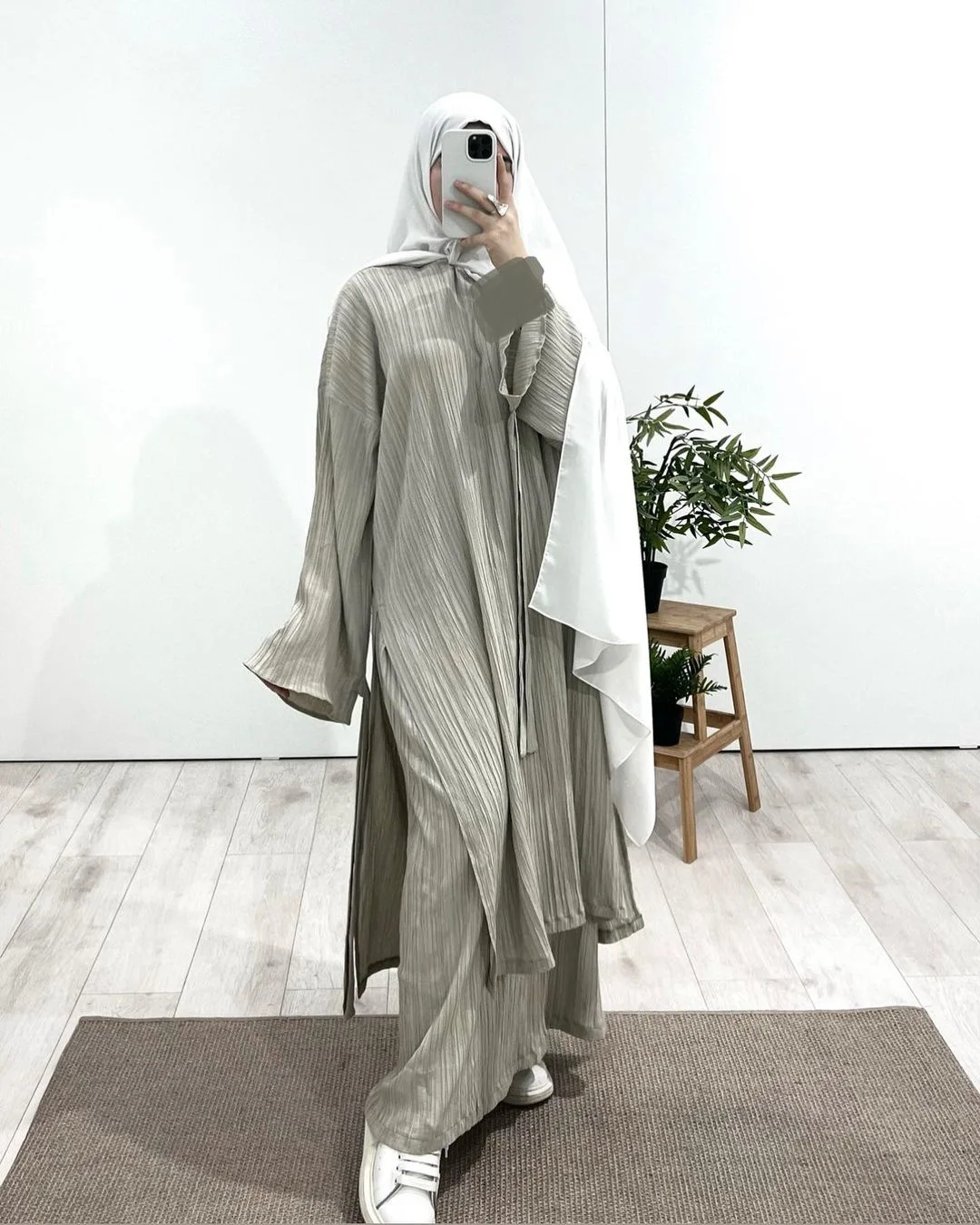 2 Piece Pleated Stripe Set Islamic Clothing Women Modest Abaya Loose Split Side Tunics Oversize Skirts Baju Kurung