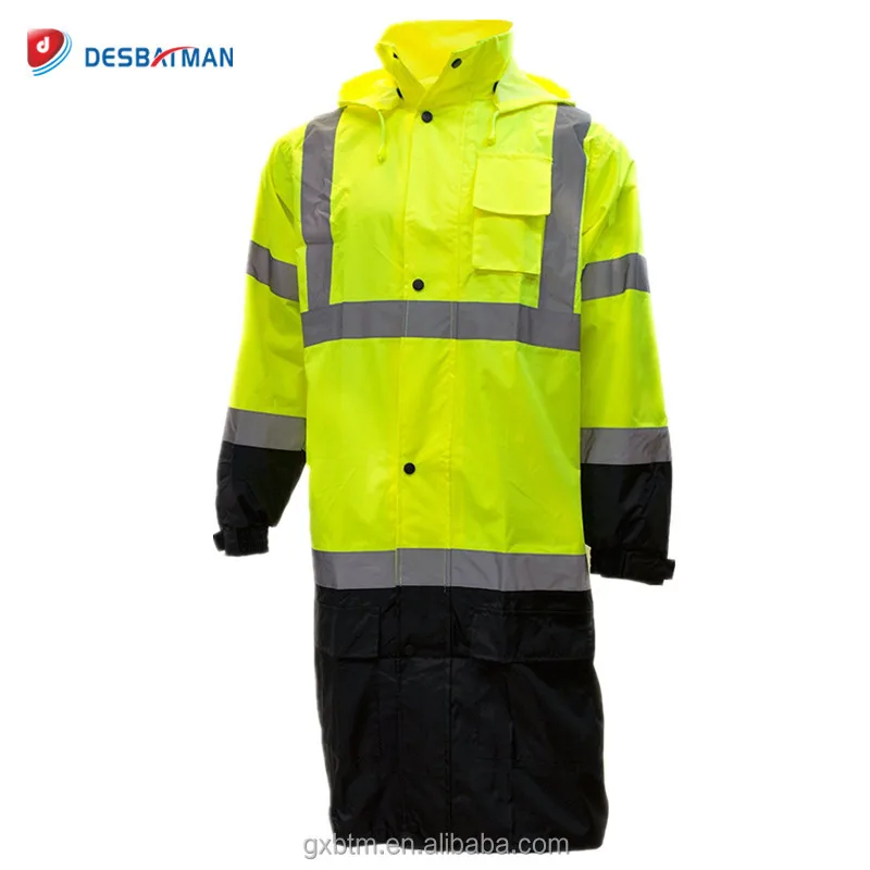 Custom hi vis waterproof raincoats 100% polyester with PU adult long sleeve raincoats jackets with reflective tapes
