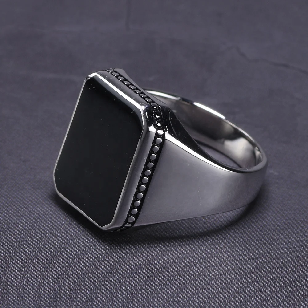 Simple Flat High Polishing Middle East Square Stone Silver Men Ring Turkish 925 Sterling Silver Ring