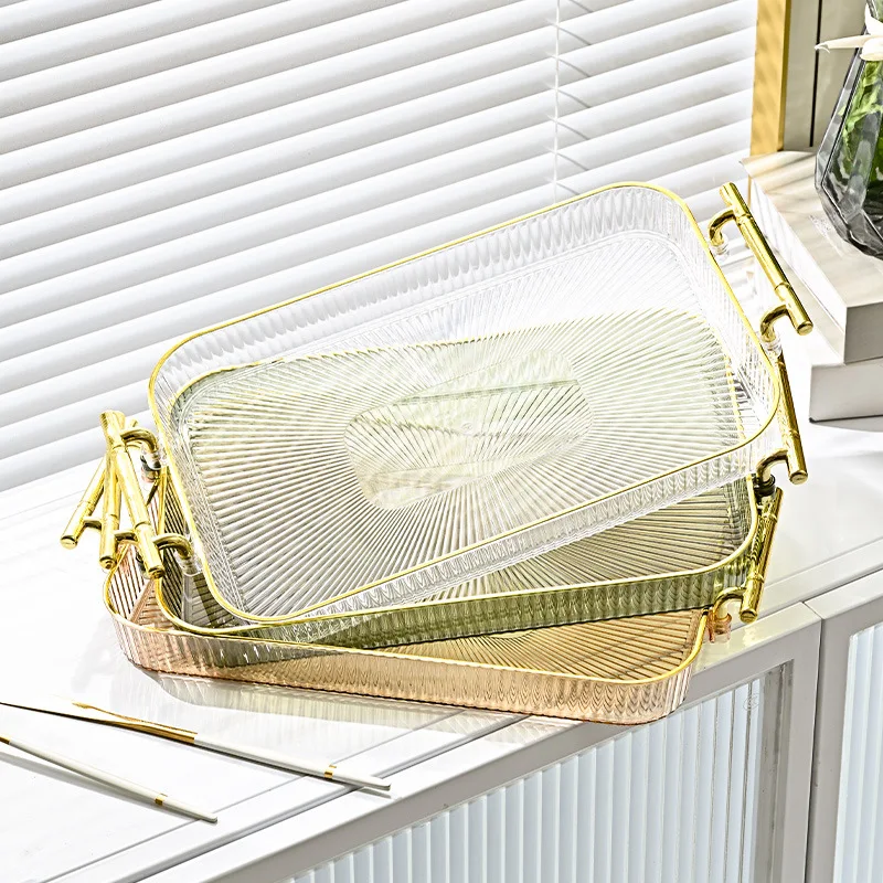 round Clear Plastic Transparent Acrylic Serving Tray Gold Handles Elegant Home Decor Restaurant Use Iron Pattern Dishes Plates