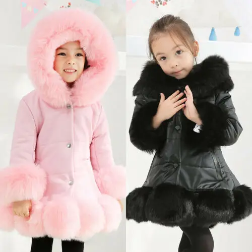 
Girls Kids Padded Quilted Winter Coat Jacket Puffer Fur Hooded Long Parka Coats 