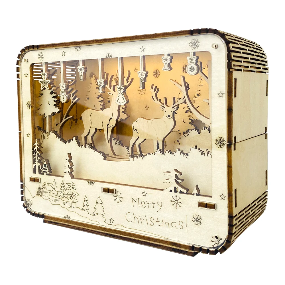 Creative Design Glow Toys Christmas Decorations Deer Rudolph DIY Luminous Box Kids Assembled Kits Wooden 3D Puzzles Gift