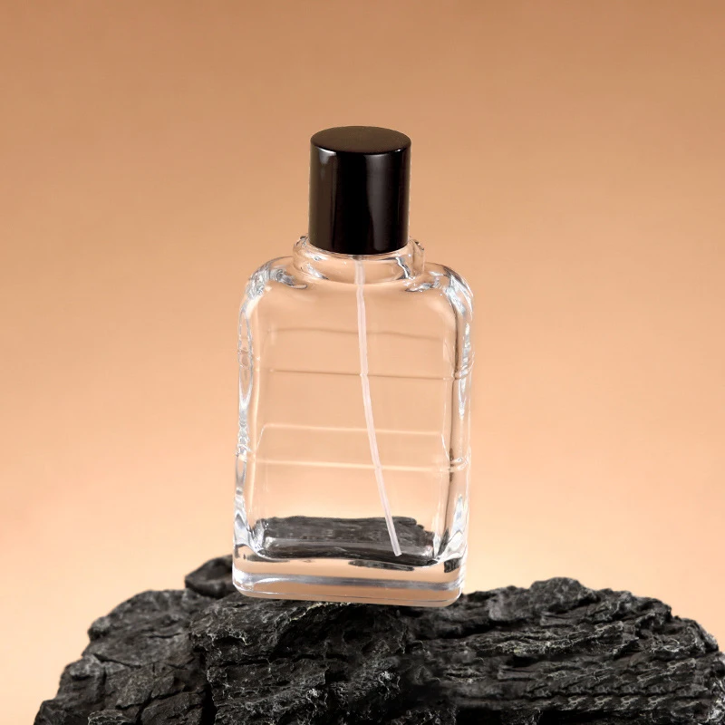 Clear Square Crimp Spray Bottle 100ml Luxury Heavy Glass Perfume Bottle with Black Cap