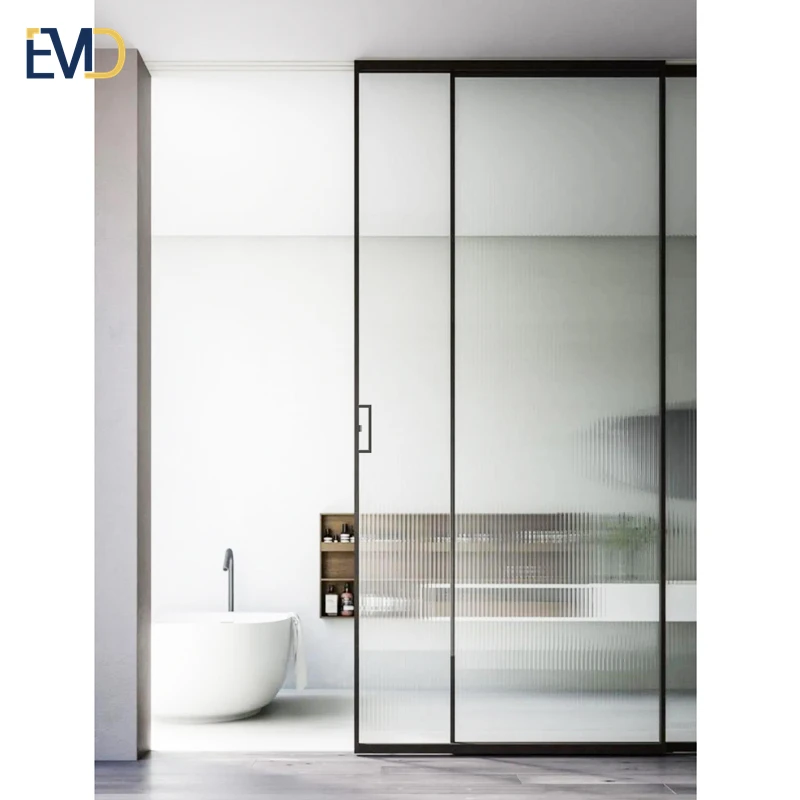 Modern sliding door bedroom kitchen divider aluminum slim frame interior ribbed glass sliding door
