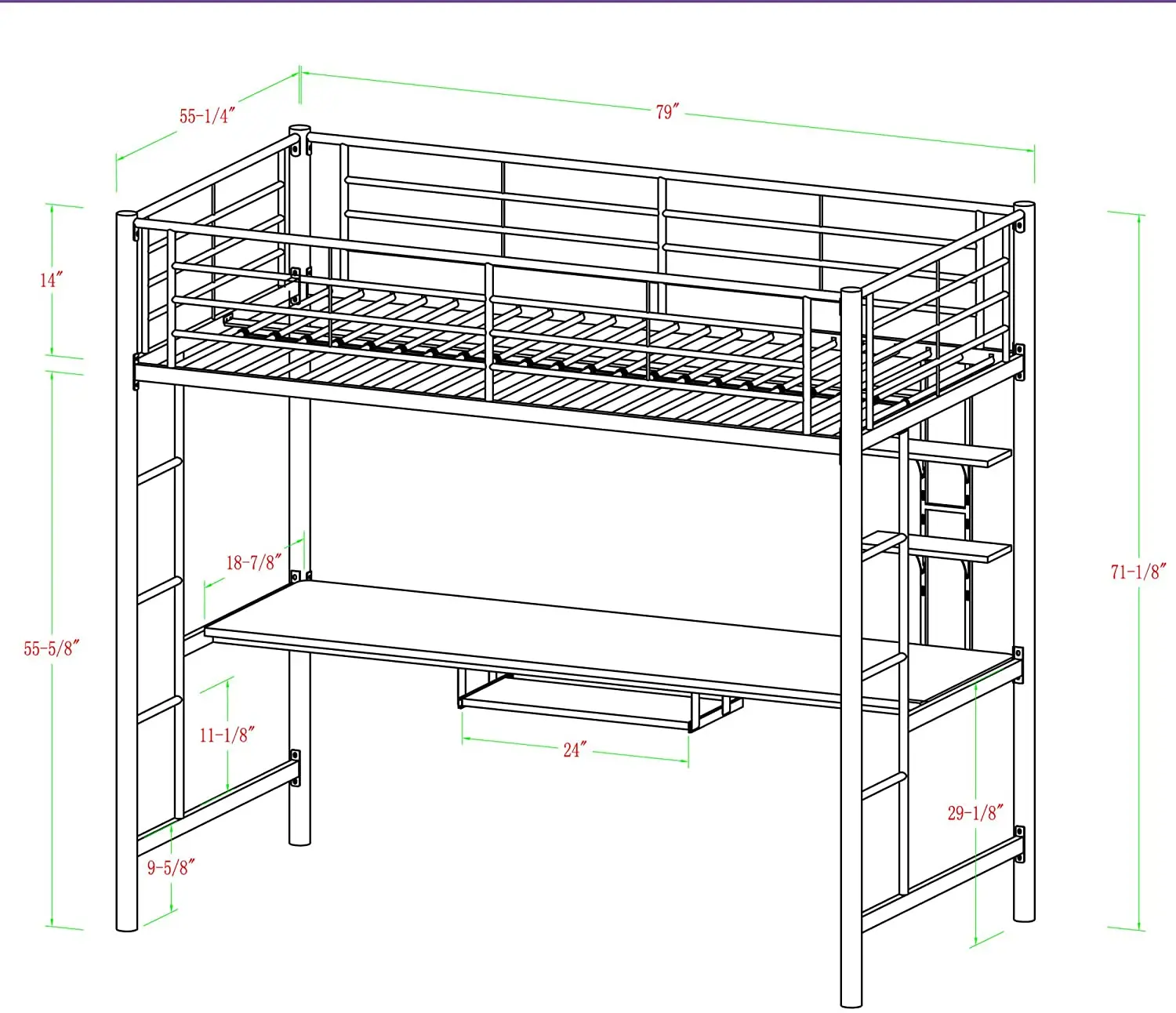 2020 Hot Sale Modern Loft Bed with Desk Metal Bunk Bed for Adults/Teens, Space-saving