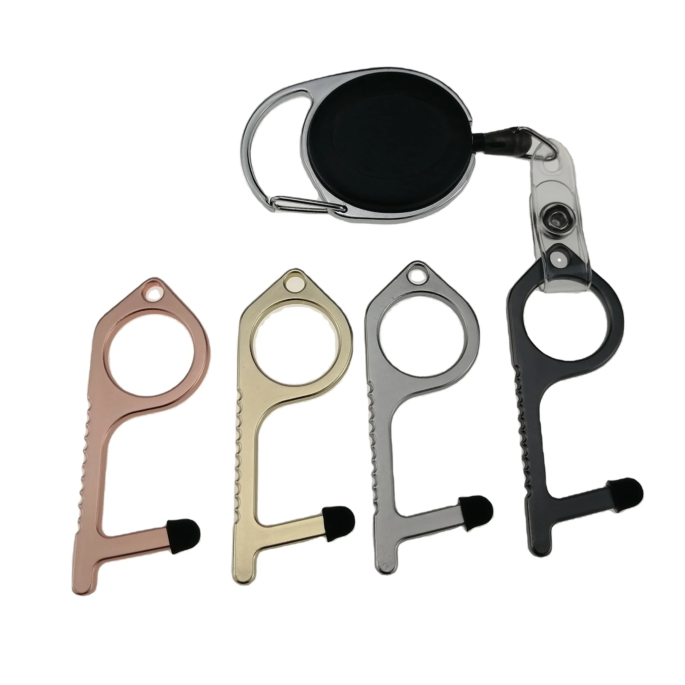 No Touch Free Door Opener Stylus Keychain Brass Ring Door Opener, Retractable Door Opener Keychain