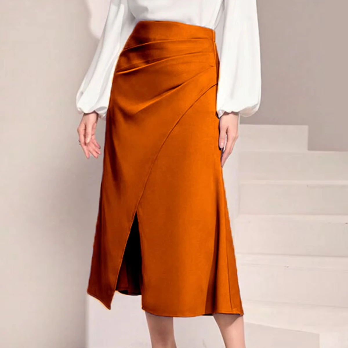 2024 High waist satin pleated skirt European and American solid color skirt zipper fish tail wrap hip skirt
