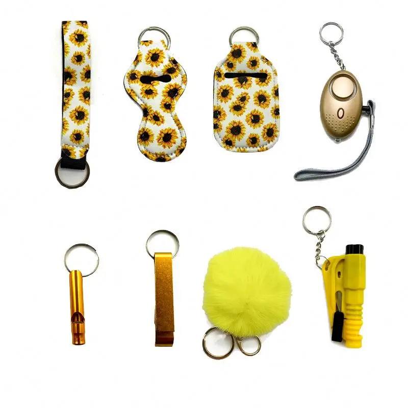Wholesale 8pcs Keychain Set Bulk Accessories wrist strap whistle bottle opener pom pom window breaker Set Self Defense  keychain
