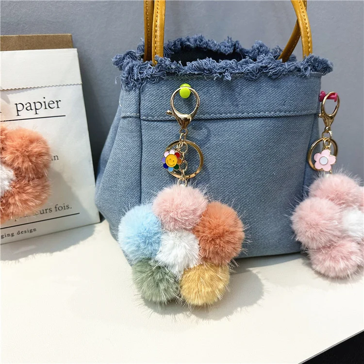 Cherry Blossom Fur Ball Car Keychain Small Fresh Color Plush Flower Mobile Phone Pendant Flower Bag Pendant Gift