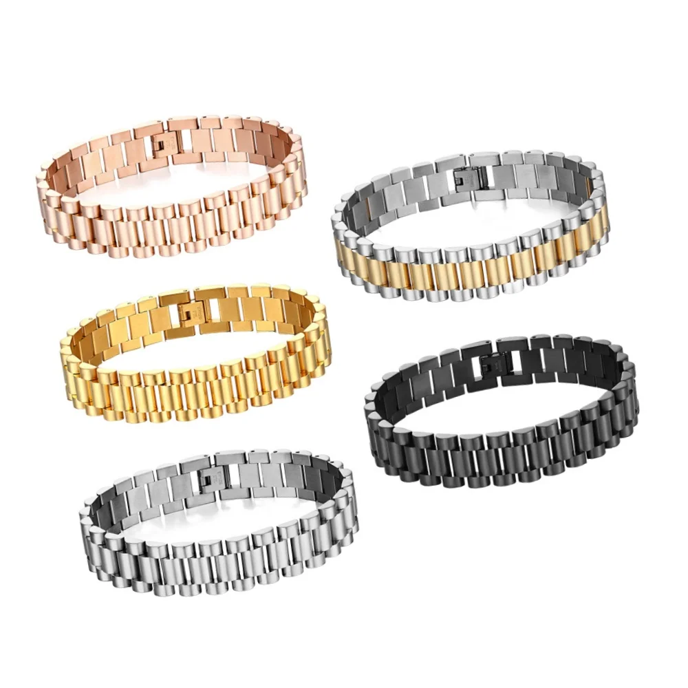 2024 Waterproof No Tarnish 8 10 12 15MM Wide Watchband Women Men 18K Gold Plated Stainless Steel Chain Link Bracelet
