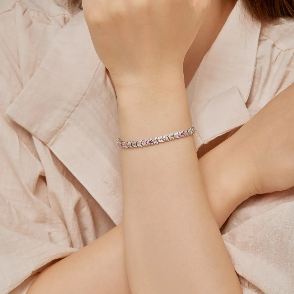 Dylam Factory Wholesale New Pink Stone Tennis Bracelet Chain Cz Eternity Band Rainbow Cubic Zirconia 925 Silver Bracelets Women