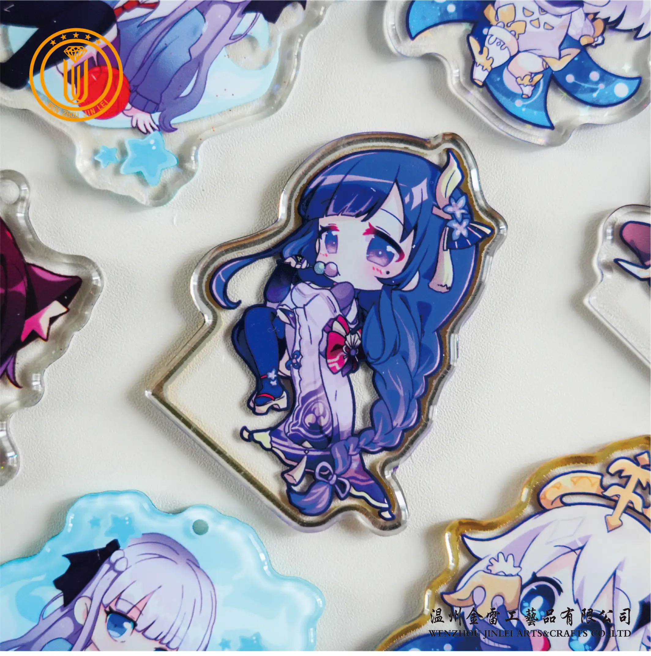 Jinlei custom anime character popular rainbow laser glitter charms hologram epoxy plastic acrylic keychains