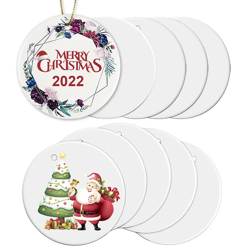 Personalized Custom 2022 Home Xmas Decoration Hanging Double Sided Round White Blank Sublimation Christmas Ceramic Ornaments