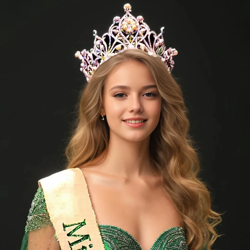 Colorful Pearl Wedding Queen Princess Tiara Pageant Round Hair Crown Miss Earth 2023