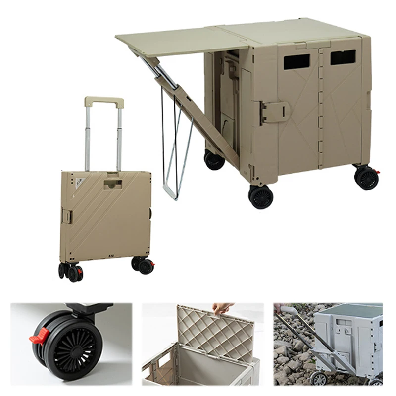 Multi Functional Shopping Cart Foldable Utility Cart Rolling Wheels Table Plate Telescopic Portable Plastic Cart with Wooden Lid