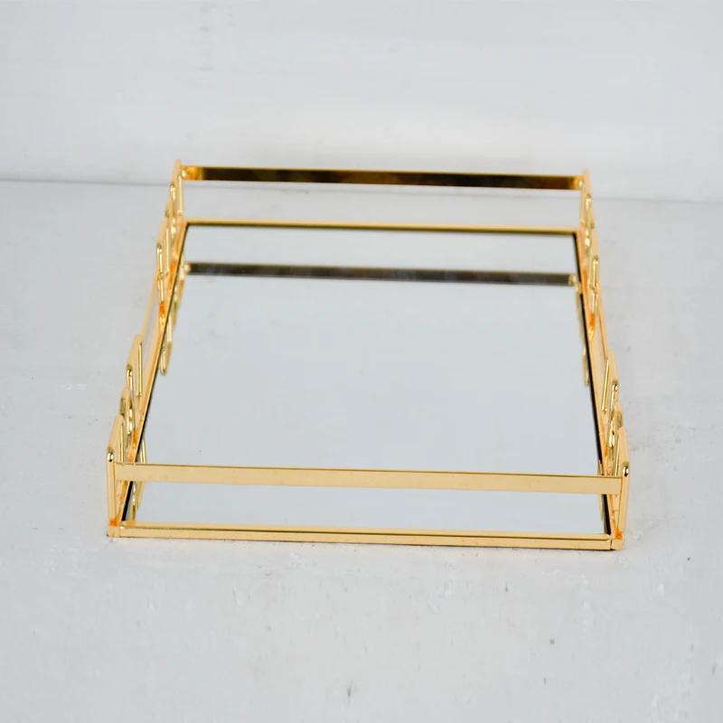 Custom Metal Decorative  Perfume Organizer luxury Makeup Tray Mirror Vanity Tray Gold Mirror metal Tray