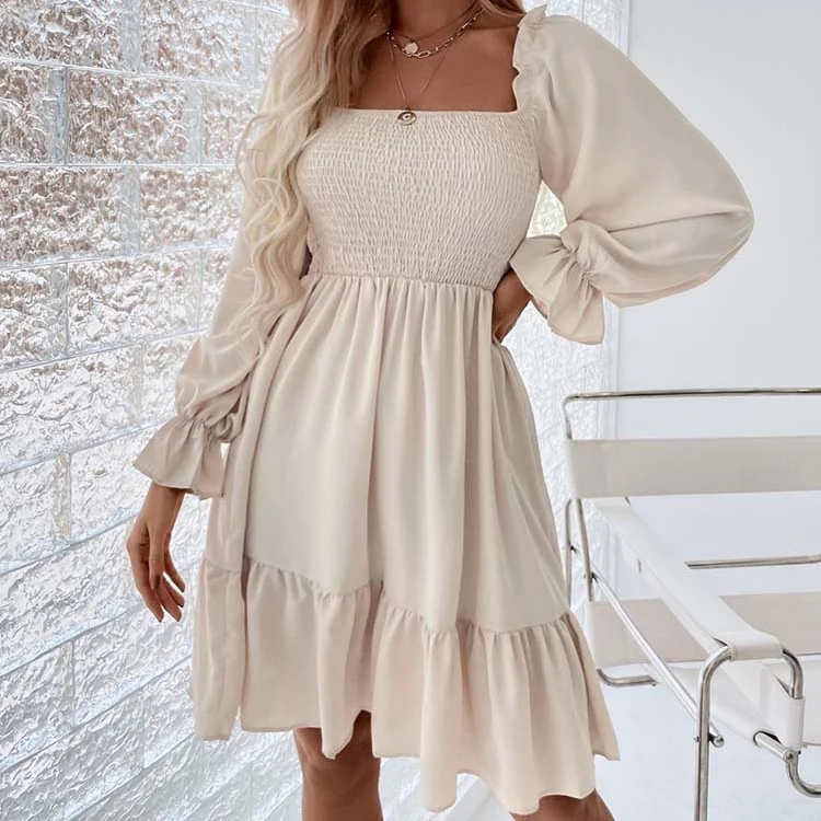 Women Summer Square Neck Shirred Bodice Flounce Sleeve Ruffle Hem Casual Dresses