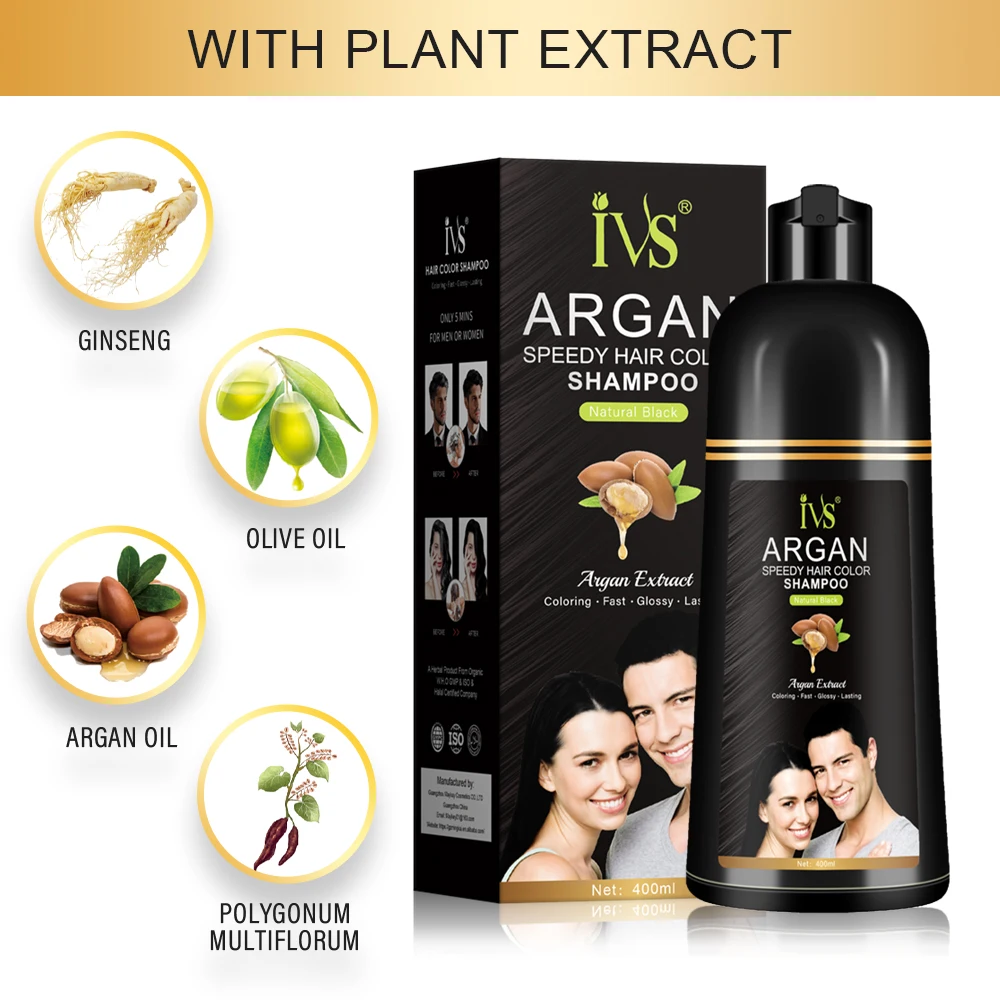 IVS 400ml Professional Permanent Halal Argan Oil Natural Black Hair Shampoo Dye Hair Color Shampoo For Men And Women