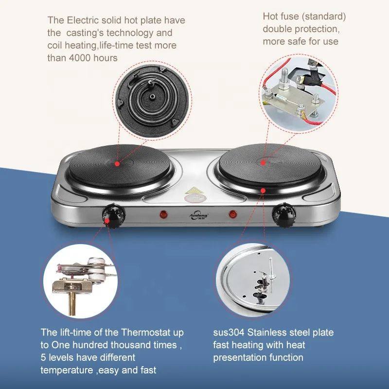 Andong 2000 Вт Встроенная плита, твердый элемент, варочная панель, электрические горячие плиты из нержавеющей стали
