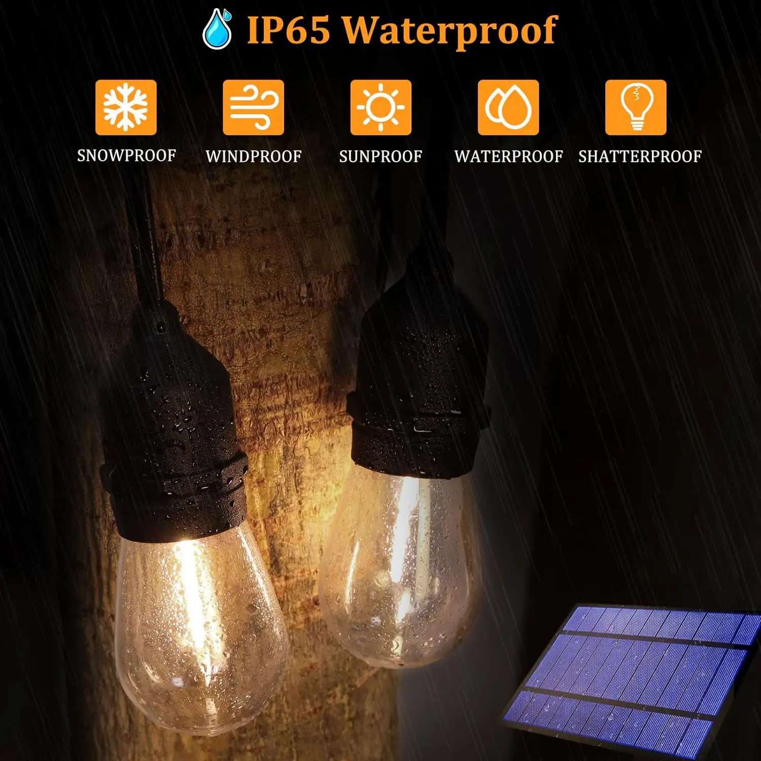 Outdoor Waterproof Patio Lights 48ft Solar Powered 15 Shatterproof S14 LED Bulbs Outdoor String Lights for Garden Backyard Yard