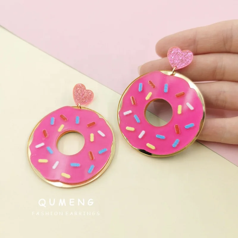 Quality Glitter Heart Hot Pink Donut Mirror Acrylic Drop Earrings Cute Rainbow Girls Jewelry Gift
