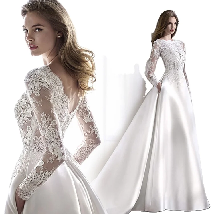 Wedding Spring Summer Autumn Winter Satin Lace Slimming Fashion Bride Long Sleeve Halter Tail Wedding Dress