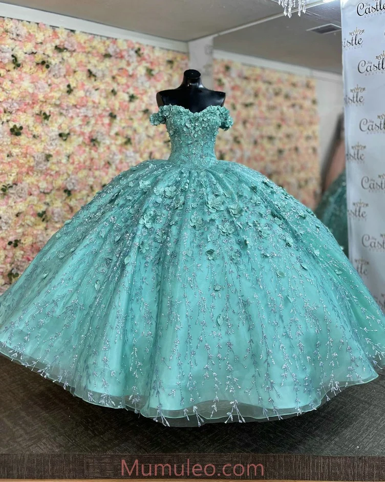 Mumuleo Off Shoulder Tiffany Blue Quince Dresses 3D Flowers Beaded Sweetheart Neck 15 Dress